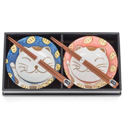 Ensemble de bols japonais chat bleu et rose