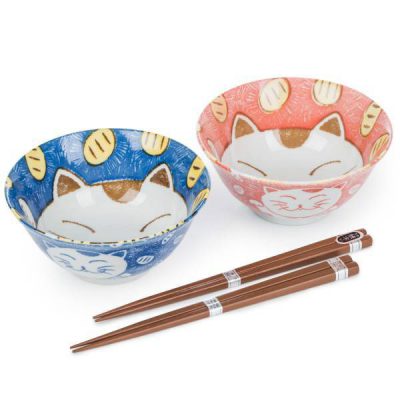 Ensemble de bols japonais chat bleu et rose