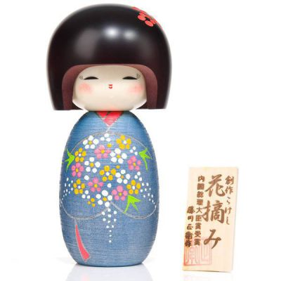 Grande poupée japonaise Kokeshi bouquet de fleurs