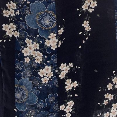 Kimono Yukata long bleu marine fleurs de cerisiers