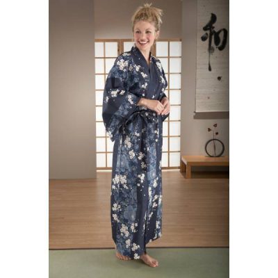 Kimono Yukata long bleu marine fleurs de cerisiers