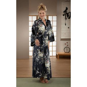 Kimono japonais femme en soie long noir motif floral