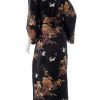 Kimono yukata noir long en soie motifs grues et chrysanthèmes