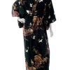 Kimono yukata noir long en soie motifs grues et chrysanthèmes