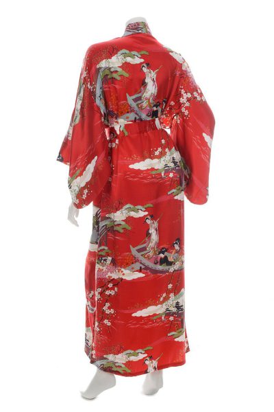 Kimono Japonais long rouge en soie motifs Ukiyoe