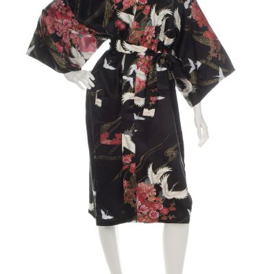 Kimono japonais en soie noire court avec motifs grues et fleurs roses