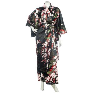 Kimono japonais noir polyester Fleurs de cerisier