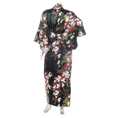 Kimono japonais noir polyester Fleurs de cerisier