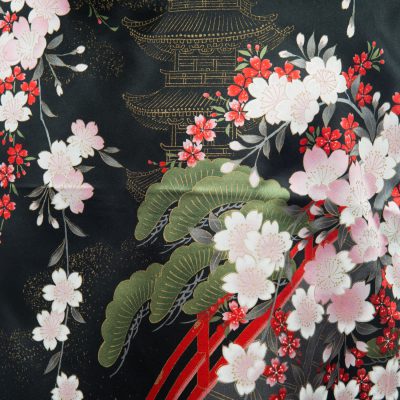 Kimono japonais noir polyester Fleurs de cerisier