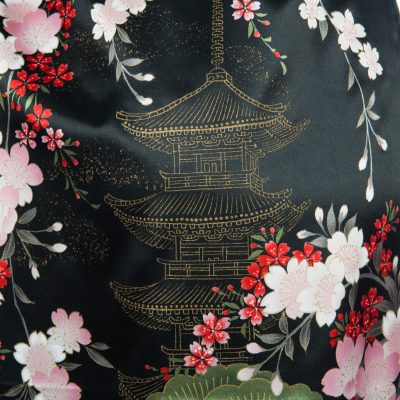Kimono japonais noir polyester Fleurs de cerisier